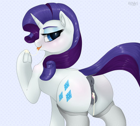 after_sex anatomically_correct anatomically_correct_anus anatomically_correct_genitalia anatomically_correct_vulva animal_genitalia animal_vulva anus blue_eyes blue_eyeshadow blush bodily_fluids body_blush butt butt_blush clitoris clothing cum cum_in_vagina cum_inside cutie_mark equine_anus equine_genitalia equine_vulva eyeshadow female feral fishnet_clothing genital_fluids genitals hair hooves horn legwear makeup pattern_background puffy_anus simple_background smile solo tongue tongue_out vulva conditional_dnp redvais friendship_is_magic hasbro my_little_pony mythology rarity_(mlp) equid equine mammal mythological_creature mythological_equine unicorn 2017 absurd_res hi_res