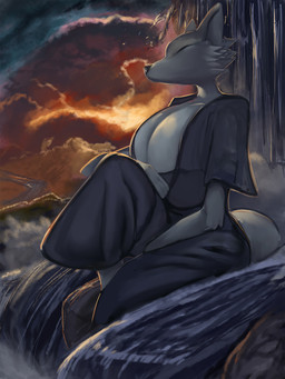 anthro asian_clothing big_breasts black_nose breasts clothing cloud east_asian_clothing eyes_closed female fur grey_body grey_fur huge_breasts outside rock side_view sitting solo sunset water waterfall general-irrelevant canid canine fox mammal 3:4 digital_media_(artwork) hi_res
