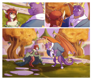 3_toes 4_hands aged_up anthro anthrofied barefoot border bowing claws clothed clothing clothing_lift digitigrade dress dress_lift duo eyes_closed feet female finger_claws gentleman grass green_body green_clothing green_dress hair hooves horn lake larger_male looking_at_another male multi_hand pantsless plant purple_body purple_eyes size_difference tail toe_claws toes tree white_border wings selinaeagle snaccka activision beauty_and_the_beast mythology spyro_the_dragon balloonist_spyro elora dragon faun_(spyro) mythological_creature mythological_scalie scalie 2025 comic digital_media_(artwork)