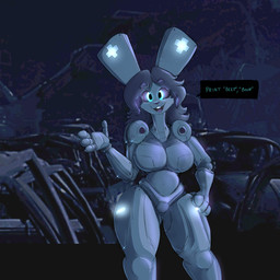 4_fingers anthro breasts dialogue female fingers hair machine screencap screencap_background smile solo standing text tgwonder lagomorph leporid mammal rabbit robot 1:1 2023 digital_media_(artwork) english_text hi_res