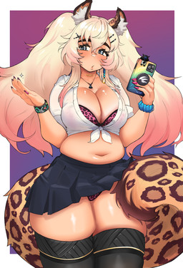alternative_fashion animal_print big_breasts blonde_hair blue_eyes bottomwear bra bracelet breasts cellphone clothing colored_nails curvy_figure electronics eyebrows eyelashes female glistening glistening_body glistening_skin gyaru hair j-fashion jewelry legwear leopard_print markings midriff nails navel necklace panties phone pigtails shirt skirt smartphone solo spots spotted_markings spotted_tail tail tail_markings thick_thighs thigh_highs tied_shirt topwear translucent translucent_clothing translucent_shirt translucent_topwear underwear radioneet arknights hypergryph studio_montagne pramanix_(arknights) animal_humanoid felid felid_humanoid humanoid leopard_humanoid mammal mammal_humanoid pantherine pantherine_humanoid 2025 absurd_res hi_res