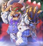 anthro claws clothing footwear hair hat headgear headwear horn male open_mouth red_hair solo suit teeth masabowser mario_bros nintendo bowser koopa scalie 2017