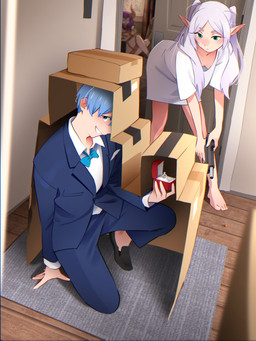 2_horns 5_fingers 5_toes bangs barefoot bdsm bent_over biped black_clothing black_footwear black_shoes blue_bottomwear blue_bow_tie blue_clothing blue_eyes blue_hair blue_pants blue_suit blush bondage bottomwear bound bow_tie box breasts brown_horn bullet_casing cardboard cardboard_box cloth_gag clothed clothed_female clothed_human clothed_humanoid clothed_male clothing cocking_gun collared_shirt container curtains digit_ring door down_blouse dress_shirt duo_focus ear_piercing engagement_ring eyebrows eyelashes feet female female_humanoid fingers floor footwear gag gagged green_eyes grey_eyebrows group gun hair handgun hiding holding_gun holding_handgun holding_object holding_pistol holding_ranged_weapon holding_weapon horn humanoid_feet humanoid_hands humanoid_pointy_ears inside jewelry kneeling long_hair long_sleeves looking_aside male male_human marriage_proposal mouth_closed not_furry nude nude_female nude_humanoid on_one_knee open_door oversized_clothing oversized_shirt oversized_topwear pants piercing pistol plantigrade pointy_ears pupils purple_hair ranged_weapon restraints ring_box rope rope_bondage rug shirt shoes short_hair small_breasts smile standing suit t-shirt tape teeth toes topwear trio twintails_(hairstyle) weapon white_clothing white_hair white_shirt white_topwear wide_eyed window wood wood_floor khyleri frieren_beyond_journey's_end aura_the_guillotine frieren himmel_(frieren) demon demon_humanoid elf horned_humanoid human humanoid mammal 2026 3:4 absurd_res hi_res shaded