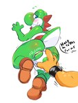 ambiguous_gender anthro blush bodily_fluids body_blush bracelet butt butt_blush clothing disembodied_hand duo egg egg_insertion footwear green_body jewelry rear_view shoes simple_background tongue tongue_out white_background yoshi_egg xxbrewbeastxx mario_bros nintendo bowser koopa scalie yoshi