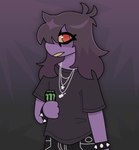 alternative_fashion anthro beverage black_bottomwear black_clothing black_hair black_pants black_shirt black_topwear bottomwear bracelet clothing energy_drink female hair jewelry makeup necklace pants purple_body red_eyes shirt solo spiked_bracelet spikes topwear ashblondekittyy deltarune monster_energy undertale_(series) susie_(deltarune) reptile scalie