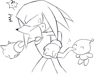 ^_^ ambiguous_gender anthro bite bodily_fluids clothing duo eyes_closed gloves handwear humor interrobang looking_back male smile surprised sweat sweatdrop den255 sega sonic_the_hedgehog_(series) knuckles_the_echidna chao_(sonic) echidna mammal monotreme black_and_white monochrome sketch