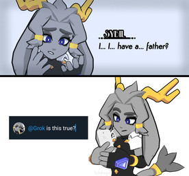 accessory anthro antlers blue_eyes cellphone clothing dialogue electronics eyebrows eyelashes female fingerless_gloves fur gloves grey_body grey_fur grey_hair hair hair_accessory hair_ring handwear horn phone smartphone solo text sybilregal pseudoregalia twitter grok_(twitter) sybil_(pseudoregalia) hybrid jackalope lagomorph leporid mammal rabbit 2025 3d_(artwork) absurd_res digital_media_(artwork) english_text hi_res