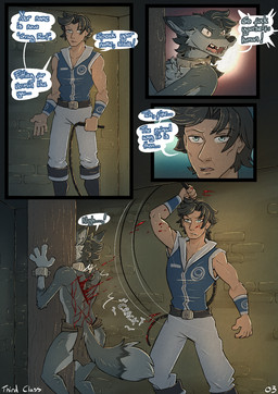 anthro blood blood_from_wound bodily_fluids bottomwear clothed clothing collar dialogue digitigrade duo gore interior_background laceration loincloth loincloth_only male male/male pain restrained slave speech_bubble text topless whip whip_mark whipping wounded howlart canid canine human mammal comic digital_media_(artwork) english_text hi_res