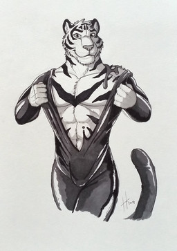 anthro bulge cheek_tuft clothing facial_markings facial_tuft front_view fur head_markings head_tuft latex latex_clothing latex_skinsuit liquid_latex looking_at_viewer male male_anthro markings mouth_closed muscular muscular_anthro muscular_male skinsuit solo striped_body striped_face striped_fur stripes tight_clothing tuft hufnaar ulbrek felid mammal pantherine tiger 2017 absurd_res dated hi_res monochrome portrait sketch three-quarter_portrait