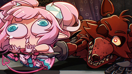 2_horns 5_fingers anthro bangs black_nose blue_eyes blue_horn blue_pupils blush bodily_fluids brown_eyebrows brown_inner_ear checkered checkered_floor cheek_tuft clothed clothed_female clothed_humanoid clothing derp_eyes dress duo eye_patch eyebrows eyewear facial_tuft female female_humanoid fingers footwear fur gloves handwear hook hook_hand horn humanoid_pointy_ears inside light long_tail looking_at_another lying lying_on_ground machine male male_anthro midair noseless on_front on_ground open_mouth pigtails pink_clothing pink_dress pink_eyebrows pink_footwear pink_gloves pink_handwear pink_ribbon pink_shoes pink_tail pointy_ears pupils purple_curtains red_body red_eyes red_fur sharp_teeth shoes spade_tail straight_arms tail tan_body tan_sclera tan_skin tears teeth tuft whisker_spots white_pupils x_pupils gaelfox five_nights_at_freddy's scottgames vtuber chibidoki foxy_(fnaf) animatronic canid canine fox horned_humanoid humanoid mammal robot 16:9 2025 colored digital_drawing_(artwork) digital_media_(artwork) english_description hi_res lighting shaded widescreen