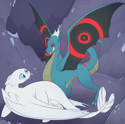 2_horns back_wings blue_eyes cave claws duo female feral grey_body horn hypnosis hypnotic_eyes inside looking_at_another male markings membrane_(anatomy) membranous_wings mind_control quadruped red_eyes red_markings standing teeth white_body wings fuf dreamworks european_mythology how_to_train_your_dragon mythology dragoviir nubless dragon fury_(httyd) light_fury mythological_creature mythological_scalie scalie western_dragon 2019 hi_res