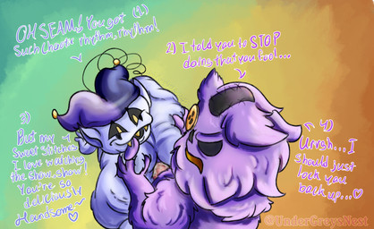 all_fours anal anthro big_butt biped blue_body bodily_fluids butt button_(fastener) button_eyes cheek_tuft claws clothing dialogue digitigrade duo ear_tuft facial_tuft fellatio fluffy fool's_hat fur genital_fluids genitals gradient_background hand_on_head hat headgear headwear high-angle_view jester looking_at_another looking_at_partner male male/male open_mouth oral overweight overweight_male paws penetration penile penis plushie precum precum_in_ass precum_on_penis purple_body purple_fur sex simple_background smooth_skin text tongue tongue_out tsundere tuft undergreysnest deltarune undertale_(series) jevil_(deltarune) seam_(deltarune) animate_inanimate darkner felid feline humanoid living_plushie mammal 2025 dated english_text signature watermark