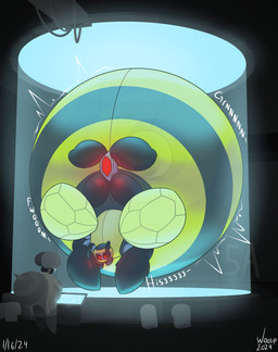 arthropod_abdomen drone groan hissing immobile inflation laboratory machine motion_lines onomatopoeia question_mark sound_effects text translucent translucent_body woosp woosp_(character) arthropod hymenopteran insect wasp 2024 absurd_res artist_name dated hi_res
