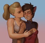 2022 adora_(she-ra_and_the_princesses_of_power) animal_humanoid bite biting_lip biting_own_lip blonde_hair blush breast_grab breasts brown-skinned_female brown_body brown_hair brown_skin brown_stripes cat_humanoid catra_(she-ra) clothed clothing dark_body dark_skin duo eyes_closed felid felid_humanoid feline feline_humanoid female female/female female_on_human female_on_humanoid freckles front_view gradient_background hair hand_on_breast hi_res human human_on_humanoid humanoid interspecies kissing_cheek light_body light_skin mammal mammal_humanoid masters_of_the_universe mattel netflix nipple_fetish nipple_play nipples one_breast_out pears_(artist) ponytail portrait self_bite she-ra_(copyright) she-ra_(she-ra) she-ra_and_the_princesses_of_power simple_background standing stripes