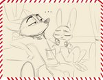 2020 absurd_res anthro border canid canine clothed clothing comic container cup disney duo ellipsis eyes_closed fox fully_clothed fur furniture hi_res holding_container holding_cup holding_object judy_hopps lagomorph leporid mammal nick_wilde qalcove rabbit reclining red_fox sketch sofa true_fox white_border zootopia