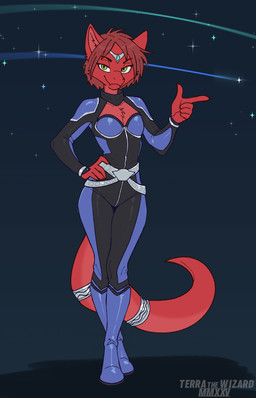 5_fingers accessory anthro belt biped black_clothing black_skinsuit blue_background boots breasts cheek_tuft claws cleavage_cutout closed_smile clothed clothing cosplay countershade_ears countershade_fur countershade_neck countershade_tail countershade_torso countershading crossed_legs crown cutout eyebrow_through_hair eyebrows eyelashes facial_tuft female finger_claws fingers flesh_fang footwear front_view fully_clothed fur furgonomics gesture green_eyes hair hand_gesture hand_on_hip hand_on_own_hip headgear inner_ear_fluff jewelry looking_at_viewer mouth_closed multicolored_clothing multicolored_skinsuit narrowed_eyes plantigrade pointing pointy_ears prick_ears pupils purple_boots purple_clothing purple_footwear purple_skinsuit red_body red_countershading red_fur red_hair ring shoes short_hair simple_background skinsuit slim slim_anthro slim_female slit_pupils small_breasts smile snout solo standing star tail tail_accessory tail_jewelry tail_ring tapering_tail text tiara tight_clothing translucent translucent_hair tuft two_tone_clothing two_tone_skinsuit terrathewizard mythology nintendo star_fox krystal_(star_fox) terra_(terrathewizard) canid canine canis dragon furred_dragon furred_scalie hybrid mammal mythological_creature mythological_scalie scalie wingless_dragon wolf 2025 9:14 artist_name dated digital_drawing_(artwork) digital_media_(artwork) flat_colors full-length_portrait hi_res portrait andromorph_(lore) nonbinary_(lore)