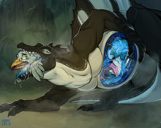 anthro belly big_belly blue_eyes blue_insides bodily_fluids clutching_stomach digestion drooling feathers feral forced group internal male male/male muscular neck_bulge organs saliva saliva_on_tongue saliva_string scarf stomach stomach_acid swallowing swamp trio unwilling_prey vore el-tero sorrel_(sorrelbirdy) avian bird california_scrub_jay corvid dinosaur gull jay_(bird) lari larid new_world_jay oscine passerine prehistoric_species reptile saurischian scalie scrub_jay spinosaurid spinosaurus theropod hi_res