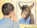 altered_reflection anthro brown_body brown_fur brown_hair buckteeth clothed clothing eyewear fur glasses hair hooves inside male mirror reflection secretly_loves_it solo teeth text transformation grannypix wikihow asinus donkey equid equine human mammal english_text