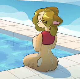 anthro bottomless clothed clothing female fur green_hair hair looking_at_viewer looking_back poolside rear_view shirt sitting solo tan_body tan_fur tank_top topwear water yellow_eyes hatrian felid feline mammal hi_res