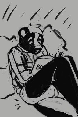ambiguous_gender anthro book diaper reading reading_book restraints sitting straitjacket caramelbunz hybrid mammal mephitid mustelid otter skunk hi_res monochrome