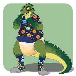 anthro bodily_fluids clothed clothing diaper front_view genital_fluids male soiled soiled_diaper solo unclean_diaper urine used_diaper wearing_diaper wet_diaper baltnwolf reptile scalie 1:1 hi_res