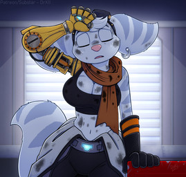 anthro big_breasts bodily_fluids breasts cleavage clothed clothing cybernetic_arm cybernetic_limb ear_piercing eyewear eyewear_on_head female fingers fur goggles goggles_on_head huge_breasts midriff navel oil open_mouth piercing prosthetic prosthetic_limb ring_piercing solo stripes sweat wiping_forehead drxii ratchet_and_clank sony_corporation sony_interactive_entertainment rivet_(ratchet_and_clank) lombax mammal 2026 digital_media_(artwork) hi_res