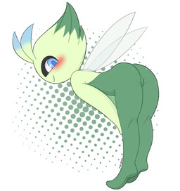 alternate_species ambiguous_gender arms_together bent_over bent_over_with_legs_held_straight big_eyes big_head blue_eyes blue_pupils blush butt extended_arms featureless_feet feet feet_together green_body green_skin halftone_background hands_on_knees hands_on_legs hands_on_own_knees hands_on_own_legs holding_both_knees holding_both_legs humanoidized insect_wings knock-kneed leaning_on_self legs_together looking_aside looking_at_viewer not_furry pattern_background plantigrade pokemorph pupils raised_heel side_view simple_background slim smile solo straight_legs teasing translucent translucent_wings white_background wings pururing nintendo pokemon celebi generation_2_pokemon humanoid legendary_pokemon pokemon_(species) winged_humanoid halftone