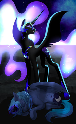 blue_eyes corruption cutie_mark duo ethereal_hair ethereal_tail eyeshadow fangs female feral horn lying makeup purple_eyeshadow spread_wings teeth wings aztrial friendship_is_magic hasbro my_little_pony mythology nightmare_moon_(mlp) princess_luna_(mlp) equid equine mammal mythological_creature mythological_equine winged_unicorn absurd_res hi_res