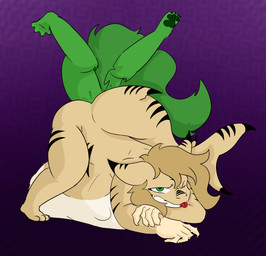 anal anal_vore anthro belly big_belly black_markings brown_hair claws duo female fur green_body green_eyes green_fur gynomorph hair intersex intersex/female markings multicolored_body pawpads paws tail tan_body tongue tongue_out vore white_body bluedoge77 jade_(wiry128) jay_(wiry128) canid canine fish mammal maned_wolf marine shark absurd_res hi_res shaded