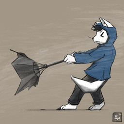 anthro clothed clothing coat male raincoat simple_background solo tail topwear umbrella wind bruno_borker canid canine canis mammal wolf 1:1 hi_res