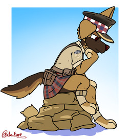 anthro bottomwear brown_body brown_fur clothing floppy_ears fur hat headgear headwear khaki_clothing kilt male military_cap military_uniform multicolored_body multicolored_fur sandbag solo thinking_pose uniform dokapi ryan_(dokapi) canid canine canis domestic_dog german_shepherd herding_dog highlander mammal pastoral_dog