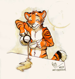 anthro beverage black_stripes clothed clothing coffee container cup eyes_closed fur holding_container holding_cup holding_mug holding_object logo male male_anthro markings mouth_closed mug orange_body orange_fur simple_background solo standing striped_arms striped_body striped_fur striped_markings striped_tail stripes tail tail_markings topless white_body white_fur pandapaco felid mammal pantherine tiger 2017 artist_logo dated hi_res signature