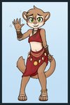 anthro blue_border blush bodily_fluids border clothed clothing female footwear fur gesture green_eyes navel sandals shoes solo standing sweat tan_body tan_fur waving waving_at_viewer young young_anthro shouk vesalius felid feline lion mammal pantherine hi_res