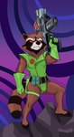 abstract_background anthro barefoot bulge clothing feet gloves gun handwear leotard male ranged_weapon solo weapon sandman_strange guardians_of_the_galaxy marvel rocket_raccoon mammal procyonid raccoon absurd_res hi_res