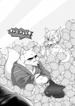 anthro duo fur japanese kemono male text 1boshi canid canine fox mammal comic greyscale hi_res japanese_text monochrome