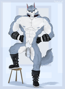 anthro balls biceps big_balls blue_body blue_fur boots breasts clothing collar eyewear footwear fur genitals glans glass glasses gloves gradient_background handwear humanoid_genitalia humanoid_penis long_penis long_tail male muscular muscular_anthro muscular_male nipples penis pubic_fuzz shoes simple_background solo tail vein veiny_penis machki12_ka dislyte lilith_games freddy_(dislyte) canid canine canis humanoid mammal wolf absurd_res hi_res