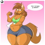 anthro breasts cleavage clothed clothing dialogue female food solo text thick_thighs chrisandcompany neve_vecat domestic_cat felid feline felis mammal 1:1 absurd_res english_text hi_res