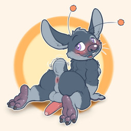 antennae_(anatomy) anthro anus balls blush butt feet genitals hindpaw male nude pawpads paws penis purple_eyes raised_tail scut_tail short_tail smile smile_at_viewer solo tail tail_anus tail_motion tailwag whiskers emenius alien mammal 1:1 hi_res