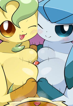 big_breasts blush breast_play breasts breath female genitals group male male/female one_eye_closed panting penis sex smile titfuck trio sateco nintendo pokemon eevee eeveelution generation_1_pokemon generation_4_pokemon glaceon leafeon pokemon_(species) hi_res