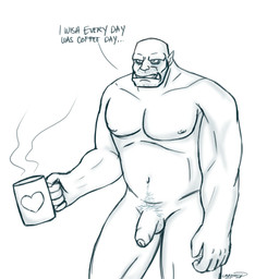 beverage coffee coffee_mug container cup dialogue food foreskin genitals grumpy half-erect heart_symbol holding_container holding_cup holding_object male not_furry nude open_mouth penis pubes simple_background solo text white_background alexyorim orctober humanoid orc 1:1 2015 digital_media_(artwork) english_text hi_res watermark