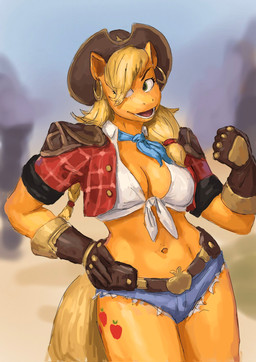 anthro bottomwear clothing denim denim_bottomwear denim_clothing female hand_on_hip midriff muscular muscular_female outside smile solo redustheriotact friendship_is_magic hasbro marvel marvel_rivals my_little_pony applejack_(mlp) earth_pony equid equine horse mammal pony hi_res