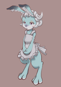 anthro apron apron_only black_ear_tips blue_body blue_fur blush clothing countershade_face countershading digitigrade dipstick_ears ear_markings female fur hair kemono multicolored_ears open_mouth semi-anthro solo white_apron white_clothing white_hair conoghi odin_sphere vanillaware melelunch lagomorph leporid mammal pooka rabbit 2008 japanese_description