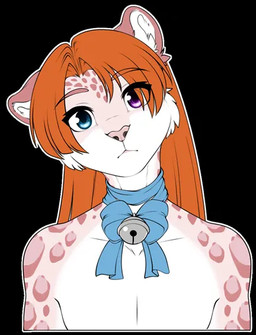 anthro bell bell_collar black_background blue_eyes collar eyebrow_through_hair eyebrows femboy fur hair heterochromia inner_ear_fluff looking_at_viewer male markings orange_hair pink_body pink_fur purple_eyes simple_background solo spots spotted_body spotted_fur translucent translucent_hair tuft white_body white_fur accelo accelo_(character) felid mammal pantherine snow_leopard