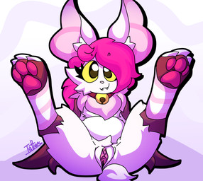 3_toes anthro bell bell_collar big_ears cheek_tuft claws clitoris clothing collar digitigrade ear_tuft facial_tuft fangs feet female footwear fur genitals hair legs_up legwear long_hair membrane_(anatomy) membranous_wings pattern_clothing pattern_footwear pattern_legwear pattern_socks pawpads paws pink_hair pink_pawpads pink_ruff ponytail presenting presenting_vulva ruff short_tail sitting smile socks solo striped_clothing striped_footwear striped_socks stripes tail teeth toe_claws toes tuft vulva white_body white_fur wings yellow_eyes tattersthebat tatters_(tattersthebat) bat flying_fox mammal megabat cel_shading hi_res shaded