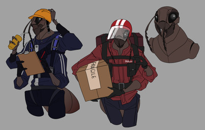 3_fingers 4_arms antennae_(anatomy) anthro armor arthropod_abdomen backpack belt black_eyes brown_body clipboard clothed clothing compound_eyes container cup duo exoskeleton face_shield fingers hand_on_head hard_hat headgear helmet holding_clipboard holding_object holding_pencil male mandibles mask multi_arm multi_limb pencil_(object) simple_background text utility_belt visor leafjuly ant arthropod hymenopteran insect absurd_res colored english_text flat_colors hi_res model_sheet