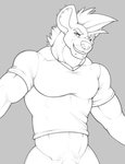 abs anthro biceps bottomless clothed clothing ear_piercing eye_scar eyebrows facial_scar genitals grey_background grin hair looking_at_viewer male penis penis_base piercing scar shirt simple_background skimpy smile solo t-shirt topwear vexedlupine trystan_(dissimulated) hyena mammal spotted_hyena monochrome