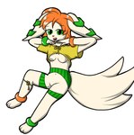 anthro basset_hound breasts canid canine canis domestic_dog emmisbadart featureless_breasts featureless_crotch female fluffy fluffy_tail freedom_planet fur galaxytrail green_eyes hair hunting_dog mammal milla_basset navel open_mouth orange_hair pink_nose scent_hound simple_background solo tail tan_body tan_fur white_background