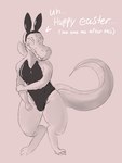 anthro bodily_fluids clothing dialogue fake_ears fake_rabbit_ears female holidays nervous_smile one-piece_swimsuit playboy_bunny solo sweat swimwear tail discodemon easter nintendo pokemon sadie_(discodemon) generation_7_pokemon pokemon_(species) reptile salandit scalie hi_res monochrome