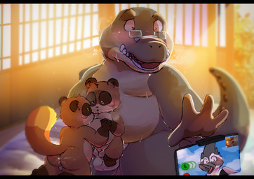 adult_on_child adult_on_young age_difference anthro balls beak black_bars butt caught_in_the_act eyewear fur genitals larger_male male male/male nude older_male open_mouth overweight overweight_anthro overweight_male penis size_difference smaller_male teeth young young_anthro younger_male tamaro avian canid canine crocodile crocodilian mammal raccoon_dog reptile scalie tanuki 2025 absurd_res hi_res letterbox