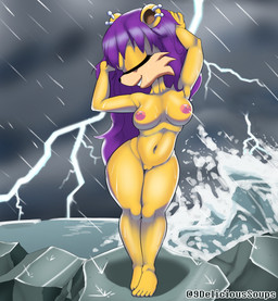anthro areola big_breasts black_nose breasts cheek_tuft electricity eyelashes eyes_closed facial_tuft female front_view fur genitals hair lightning long_hair navel nipple_piercing nipples nude piercing pink_areola pink_nipples purple_hair raining sea smile solo storm tan_body tan_fur thick_thighs tuft vulva water wide_hips yellow_body yellow_fur delicioussoup archie_comics sega sonic_the_hedgehog_(archie) sonic_the_hedgehog_(comics) sonic_the_hedgehog_(series) mina_mongoose herpestid mammal mongoose 2021 absurd_res hi_res